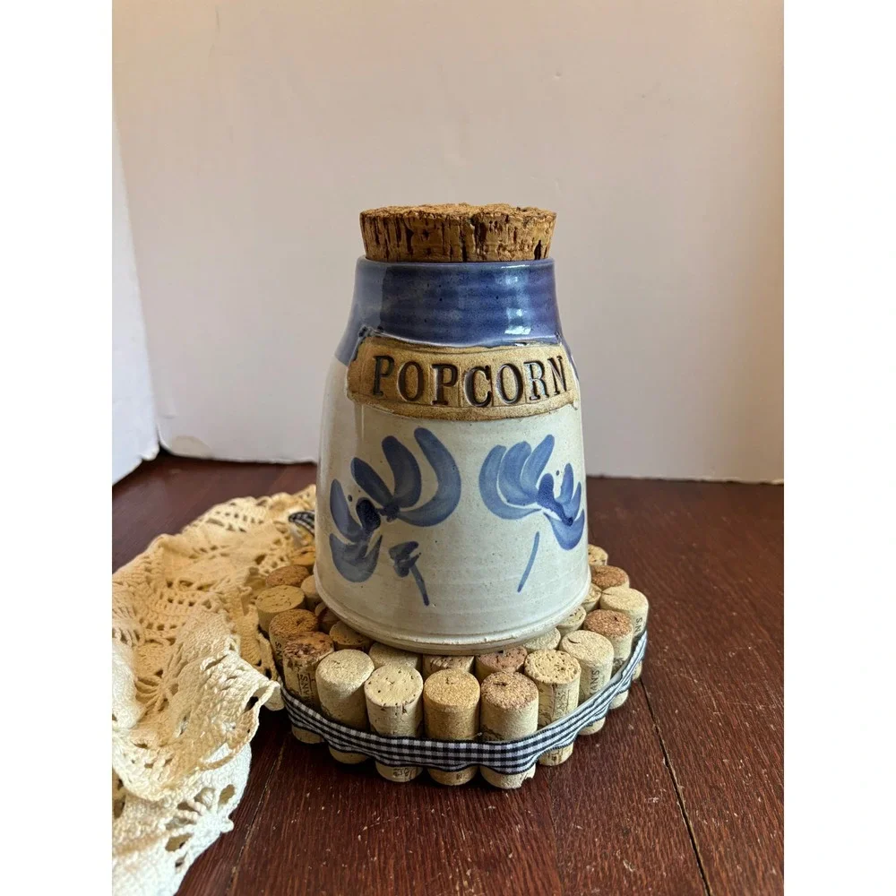Stone Crow Pottery Popcorn Jar Blue‎ Floral Stoneware Cork Lid Hillsboro NM 6in